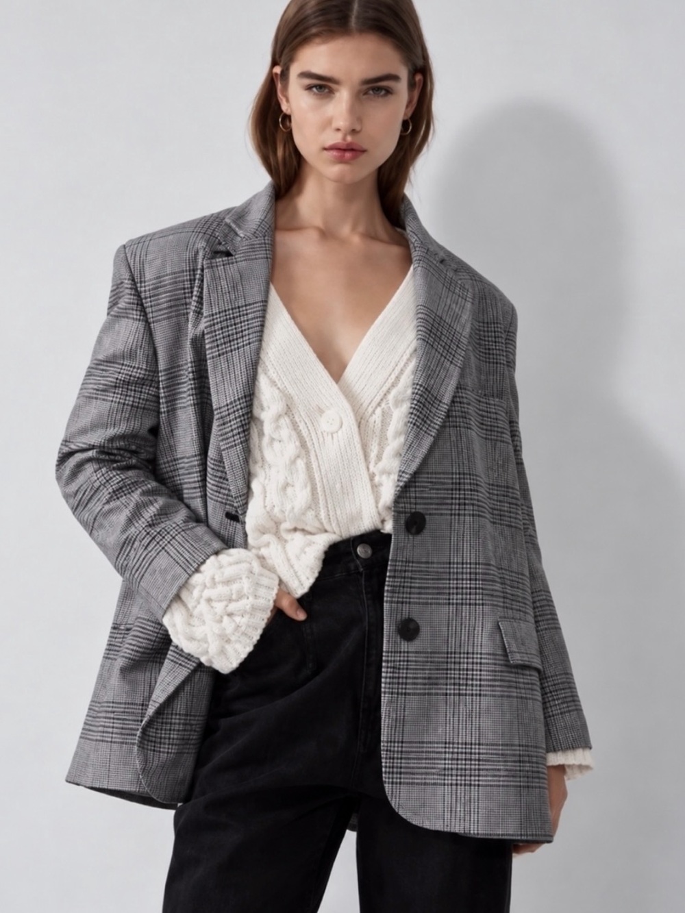 ZARA Oversized Grey Tailored Plaid Boyfriend Blazer Size XS